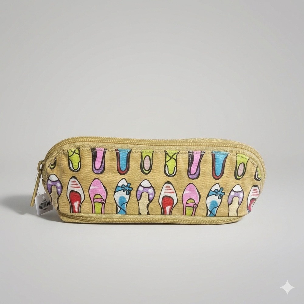 SR Squared by Sondra Roberts Shoe Print Cosmetic Pencil Pouch Tan Multicolor